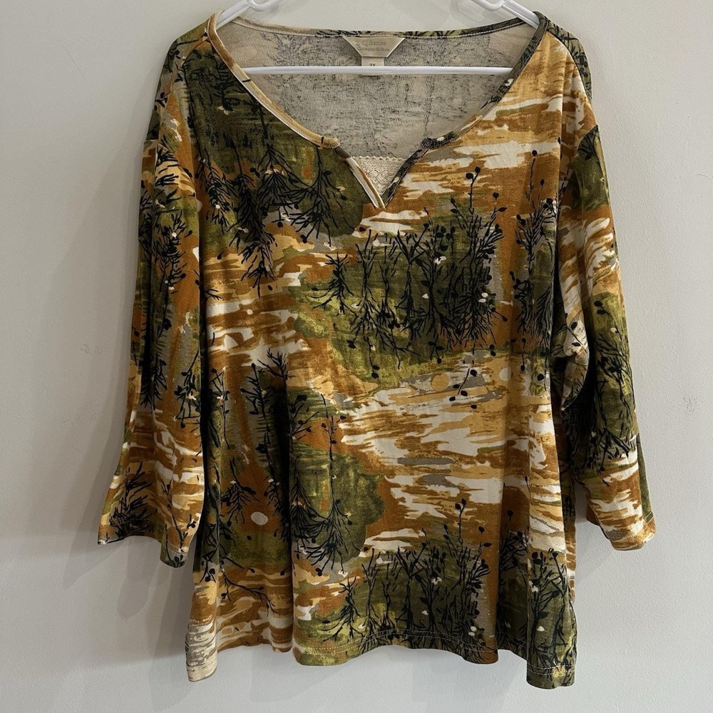VTG CJ Banks Women's 2X Cotton 3/4 Length Sleeve Top Shirt Brown Yellow Print